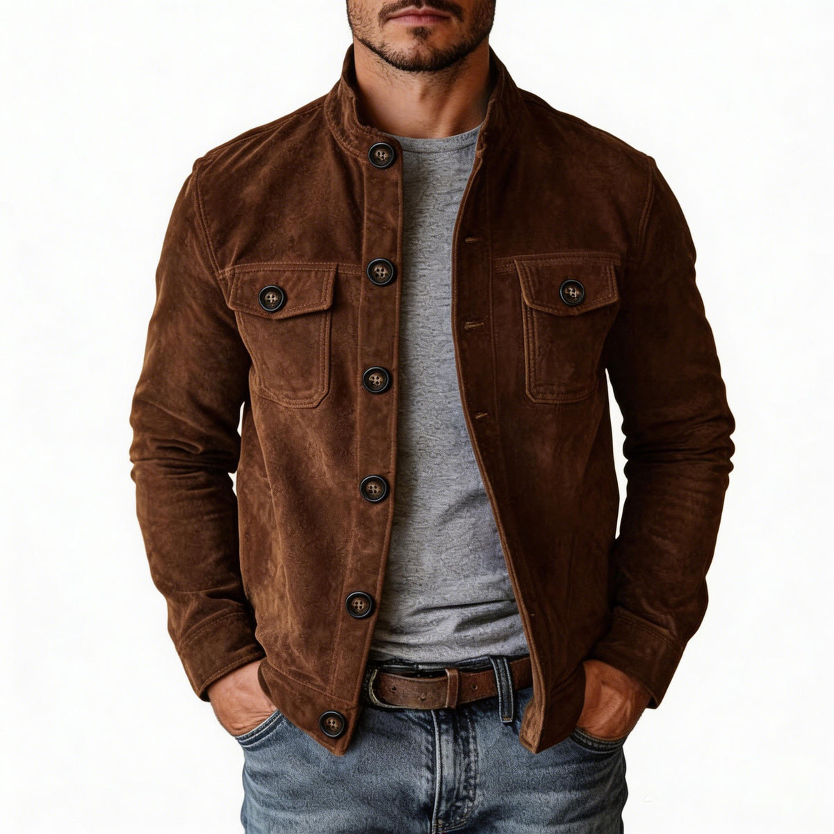 Mens Faux Suede Casual Jacket Stand Collar
