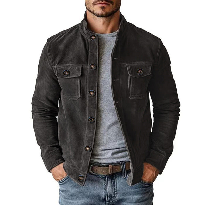 Mens Faux Suede Casual Jacket Stand Collar