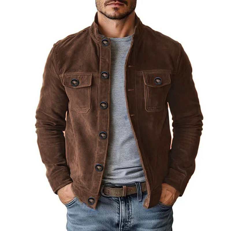 Mens Faux Suede Casual Jacket Stand Collar