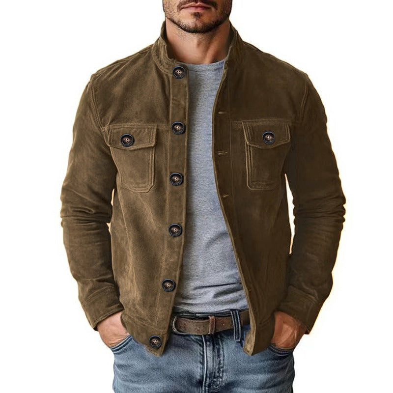 Mens Faux Suede Casual Jacket Stand Collar